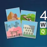 Patru imagini ilustrative suprapuse lângă textul „4Pix Word Quiz” pe un fundal albastru