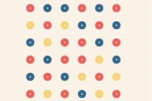 Model geometric format din puncte colorate în albastru, roșu și galben dispuse pe cinci rânduri și șapte coloane