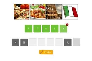 Patru imagini cu pizza, paste, Colosseum și steagul Italiei, cuvântul ITALY scris în căsuțe colorate