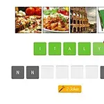 Patru imagini cu pizza, paste, Colosseum și steagul Italiei, cuvântul ITALY scris în căsuțe colorate