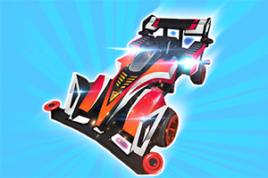 Mașină sport futuristă cu design colorat, în nuanțe de roșu și alb, având efecte luminoase strălucitoare, pe un fundal albastru radiant
