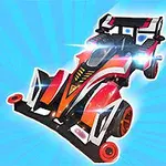 Mașină sport futuristă cu design colorat, în nuanțe de roșu și alb, având efecte luminoase strălucitoare, pe un fundal albastru radiant