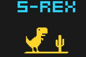 Un dinozaur pixelat galben și un cactus pe un fundal negru, cu textul S-REX deasupra