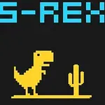 Un dinozaur pixelat galben și un cactus pe un fundal negru, cu textul S-REX deasupra