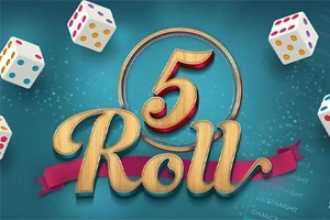 Textul 5 Roll în stil ornamental pe un fundal albastru, înconjurat de cinci zaruri colorate