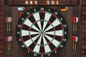Tabla de darts cu săgeți și afișaj de scor digital pe un fundal de cărămidă