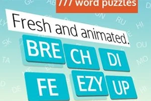 Textul Fresh and animated deasupra unor blocuri albastre cu literele BRE, CH, DI, FE, EZY, UP pe un fundal albastru