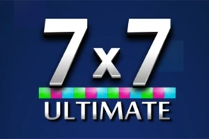 Text alb 7x7 Ultimate pe un fundal albastru cu o bandă de pătrate colorate sub text