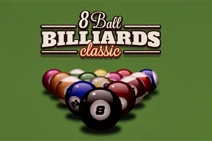 Ansamblu de bile de biliard aranjate în formă de triunghi pe o masă verde, cu textul 8 Ball Billiards Classic deasupra