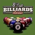 Ansamblu de bile de biliard aranjate în formă de triunghi pe o masă verde, cu textul 8 Ball Billiards Classic deasupra