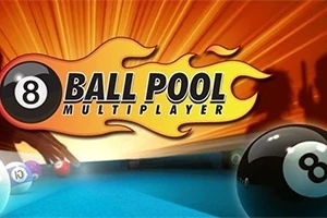 Siglă cu bile de biliard, fundal de foc și text Ball Pool Multiplayer