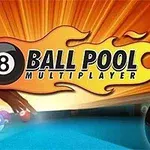 Siglă cu bile de biliard, fundal de foc și text Ball Pool Multiplayer