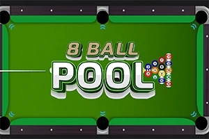 Masă de biliard verde cu textul „8 Ball Pool” și bile colorate aliniate pe partea dreaptă