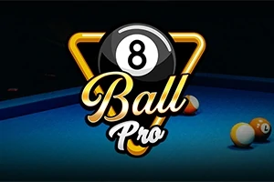 Siglă stilizată cu o bilă de biliard numerotată cu 8 și textul „Ball Pro” pe un fundal de masă de biliard albastră cu bile albe și galbene