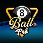 Siglă stilizată cu o bilă de biliard numerotată cu 8 și textul „Ball Pro” pe un fundal de masă de biliard albastră cu bile albe și galbene