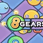 Ilustrație colorată cu personaje rotunde, fețe zâmbitoare și inscripția 8 Gears pe un fundal geometric albastru și violet