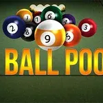 Mingi de biliard colorate și textul 9 Ball Pool pe un fundal de masă de biliard verde