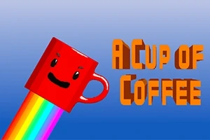Cană roșie zâmbitoare cu un curcubeu colorat dedesubt și textul A Cup of Coffee în fundal albastru