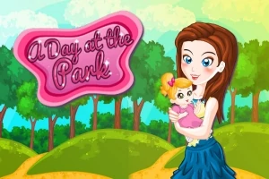 Fată cu păr lung ține un bebeluș în brațe într-un parc, cu un fundal de copaci verzi și cer albastru
