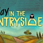 Text colorat cu „A Day in the Countryside” pe un fundal de peisaj rural pictat, cu un deal și copaci, un cârtiță și o pasăre