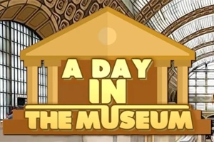 Textul A Day in the Museum suprapus pe o imagine de interior de muzeu cu ferestre arcuite și detalii arhitecturale