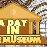 Textul A Day in the Museum suprapus pe o imagine de interior de muzeu cu ferestre arcuite și detalii arhitecturale
