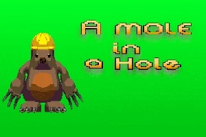 Un cârtițar cu cască galbenă de protecție pe un fundal verde, alături de textul A mole in a hole