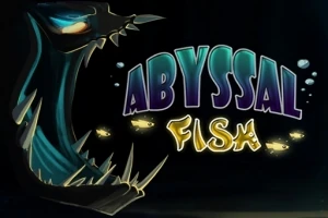 Un pește abisal cu colți ascuțiți și ochi strălucitori, alături de textul „Abyssal Fish” pe un fundal întunecat
