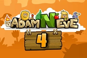 Titlul colorat „Adam N Eve 4” cu ilustrații ale unor personaje și elemente naturale pe fundal portocaliu