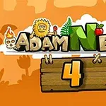 Titlul colorat „Adam N Eve 4” cu ilustrații ale unor personaje și elemente naturale pe fundal portocaliu