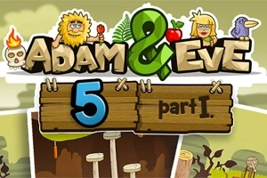 Ilustrație cu un bărbat cu barbă și o femeie blondă, cu un semn de lemn pe care scrie Adam & Eve 5 Part I și mai multe elemente decorative, inclusiv un craniu mic și un copac, pe fundalul unei peisaj natural