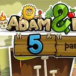 Ilustrație cu un bărbat cu barbă și o femeie blondă, cu un semn de lemn pe care scrie Adam & Eve 5 Part I și mai multe elemente decorative, inclusiv un craniu mic și un copac, pe fundalul unei peisaj natural