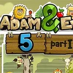 Personaje de desen animat, un bărbat și o femeie, alături de diverse elemente de vegetație, o pasăre și un craniu, în jurul unui semn de lemn pe care scrie Adam & Eve 5 part II