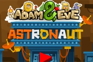 Text stilizat „Adam & Eve: Astronaut” cu elemente ilustrative și culori vibrante