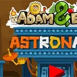Text stilizat „Adam & Eve: Astronaut” cu elemente ilustrative și culori vibrante