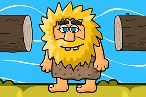 Desen animat cu un om preistoric cu păr galben, într-o pădure cartoon, între doi trunchi de copac maronii