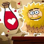 Personaj animat cu barbă blondă și ochi mari, alături de o sticlă cu o poțiune roșie și simbol al inimii, pe un fundal de hărți și inimi