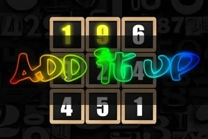 Cifre plasate în pătrate de culoare neagră și maro, cu text colorat Add it up în centru