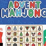 Doi Moși Crăciun stilizați flanchează un joc de mahjong cu simboluri de Crăciun, sub un text colorat