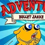 Un personaj animat galben cu ochi mari deschiși și un text deasupra care spune „Adventure Bullet Jakke”, pe un fundal albastru cu raze