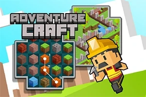 Un personaj stilizat în echipament de construcții, un plan de joc cu blocuri colorate și titlul Adventure Craft