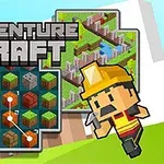 Un personaj stilizat în echipament de construcții, un plan de joc cu blocuri colorate și titlul Adventure Craft