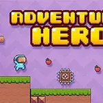 Personaj de desene animate albastru sărind peste obstacole lângă fructe într-un mediu pixelat colorat, cu textul „Adventure Hero” deasupra
