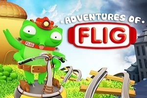 Un personaj de culoare verde pe un trotineta într-un peisaj colorat, cu textul „Adventures of Flig” deasupra