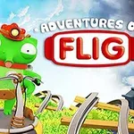 Un personaj de culoare verde pe un trotineta într-un peisaj colorat, cu textul „Adventures of Flig” deasupra