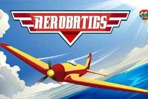 Avion roșu și galben zburând pe fundal de cer albastru cu nori, cu titlul „Aerobatics” deasupra