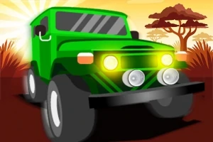 Mașină verde de teren cu faruri aprinse pe un fundal de peisaj african la apus