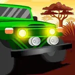 Mașină verde de teren cu faruri aprinse pe un fundal de peisaj african la apus