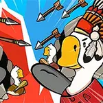 Ilustrație colorată cu două rațe în stil de desene animate, echipate ca războinici nativi americani, confruntându-se; fundalul este împărțit în roșu și albastru, cu săgeți zburând