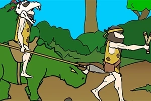Două personaje preistorice, unul călare pe un dinozaur și celălalt mergând cu o praștie, într-un peisaj verde